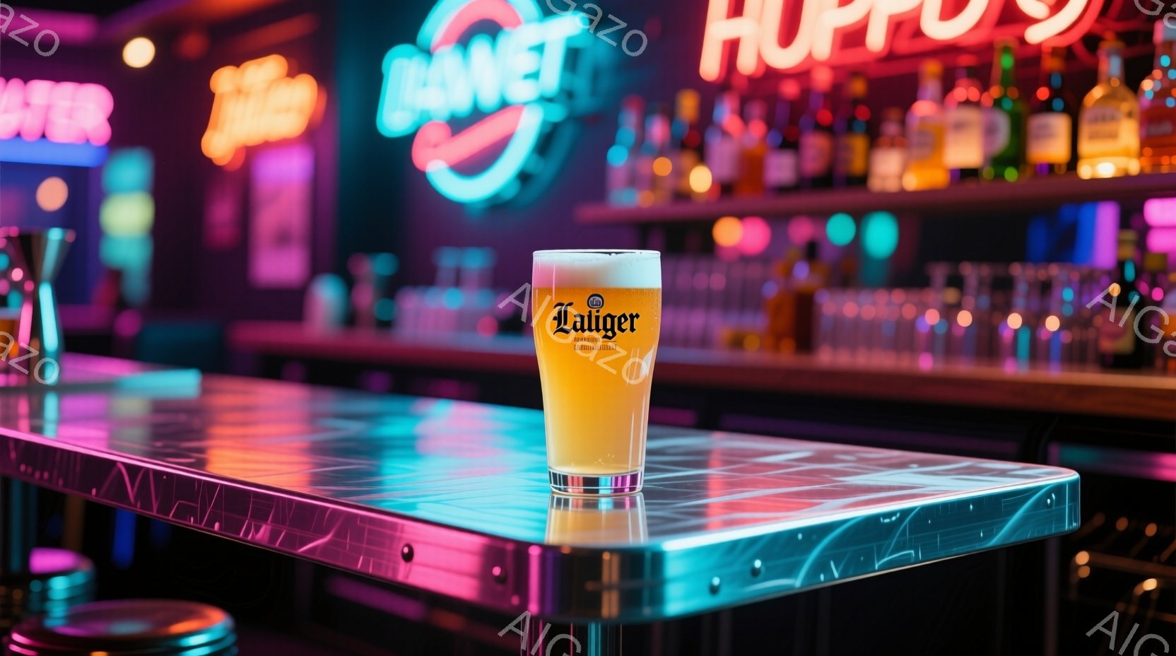 鮮やかなネオンライトに照らされたバーカウンターの上に、泡が美しいビールのグラスが置かれています。カウンターはピンクと紫のグラデーションがかった光を反射し、背後には様々な酒瓶が並んでいます。全体的に、華やかで活気のある夜のバーの雰囲気が漂っています。
