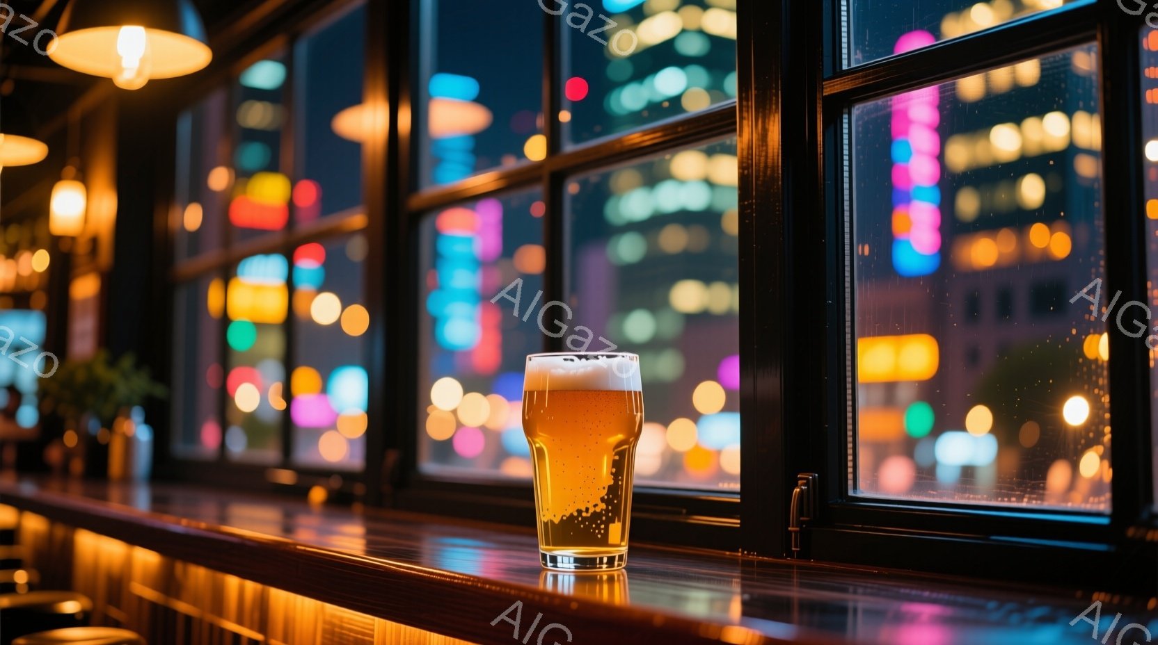 バーカウンターの上に置かれた黄金色のビールが印象的だ。窓の外には夜景が広がり、ネオンライトが輝いている。暖色系のカウンターとビールの色が、夜の街並みと調和し、落ち着いた大人の雰囲気を醸し出している。 - AI生成フリー素材