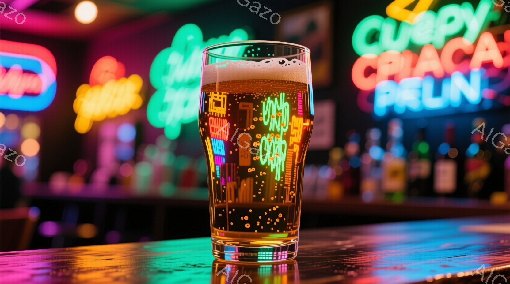 光り輝くネオンサインが背景にぼやけ、泡が立ち上る一杯のビールが手前に置かれている。ビールのグラスは透明で、その内側には黄金色の液体と細かい泡が詰まっており、まるで都市の夜景を閉じ込めたかのようだ。全体的に鮮やかで活気のある雰囲気で、夜の賑やかなバーの様子を彷彿とさせる。