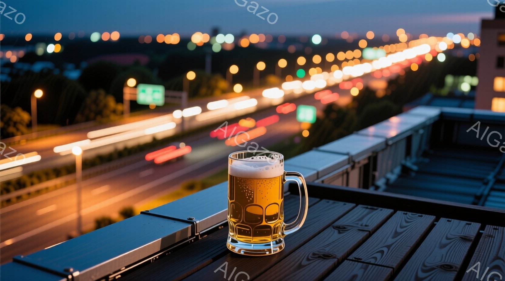 屋上の柵に置かれたグラスに入ったビールが印象的な写真です。背景には夜景が広がり、車のライトが線のように流れています。全体的に落ち着いた雰囲気で、夜の都市でビールを楽しむリラックスした瞬間を切り取ったようです。