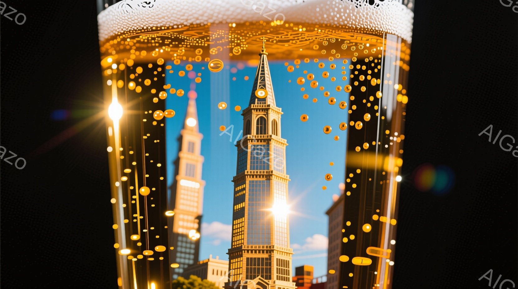 巨大なビールのグラスの中に、高層ビル群がそびえ立っています。青空と白い雲が背景に広がり、グラスの中を金色の光の粒子が舞い上がっています。都市の風景とビールの組み合わせが、幻想的で少し奇妙な雰囲気を醸し出しています。