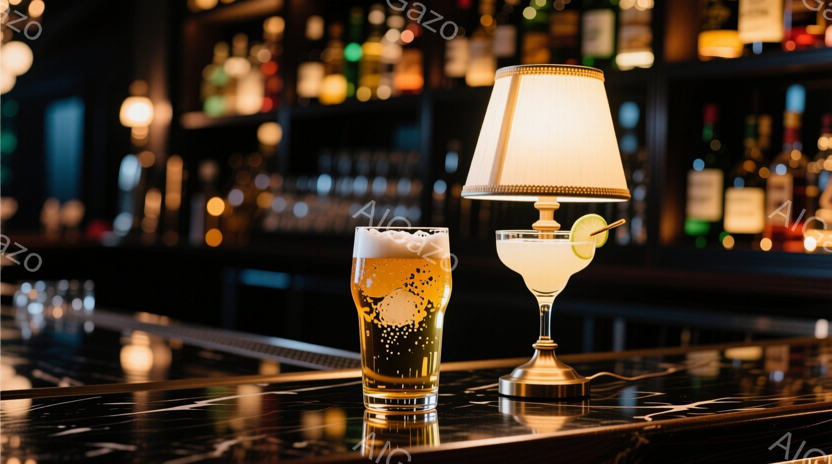 濃い木目のカウンター上に、泡が立ち昇る金色のビールと、ライムが飾られたカクテルグラスが並んでいる。背景には様々な種類の酒瓶が並んだ棚が見え、カウンターの光沢と暖色の照明が落ち着いた雰囲気を醸し出してい - AI生成フリー素材