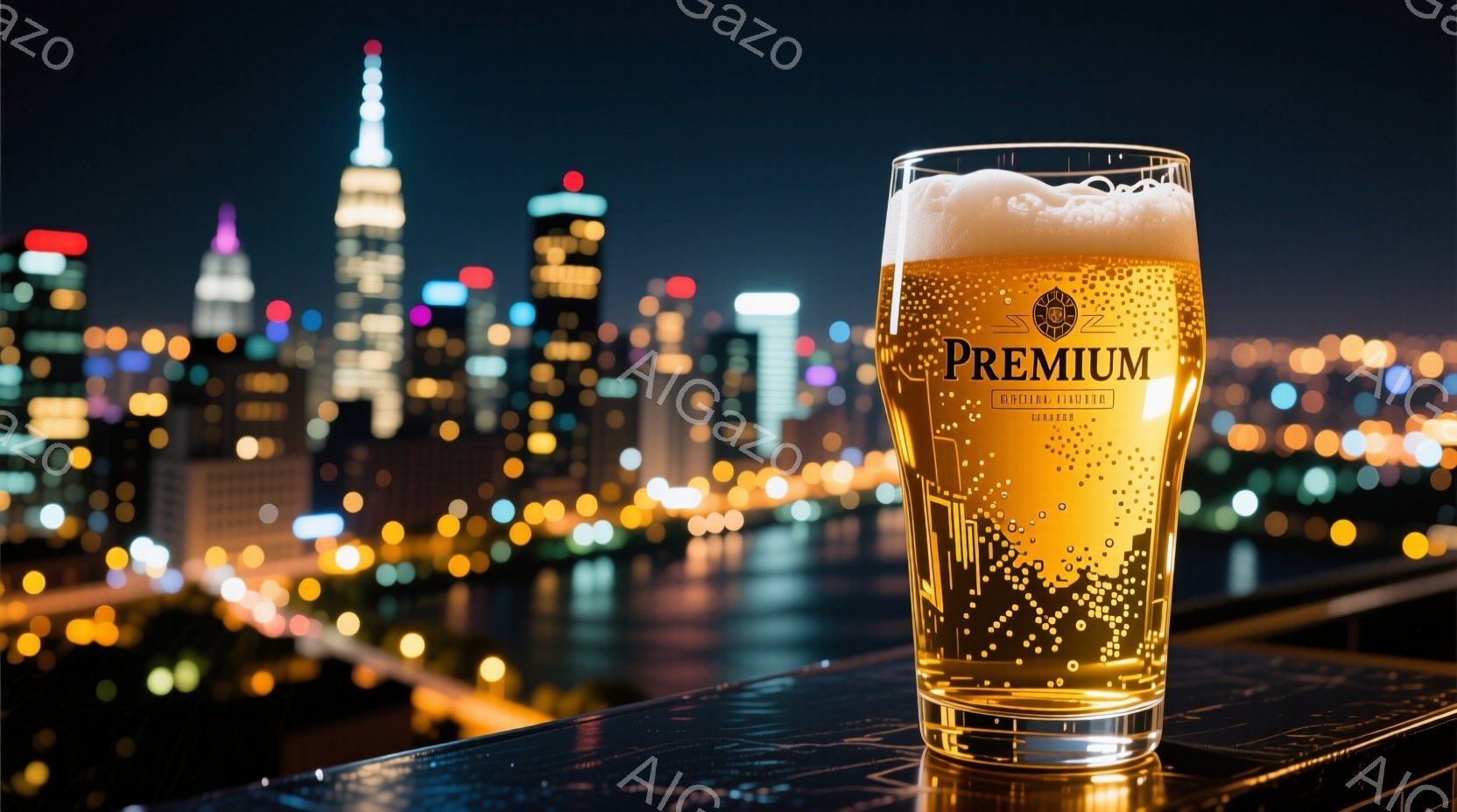 夜景を背景に、グラスに注がれたビールが光を反射して輝いている。高層ビル群が灯り、その下には街の明かりが広がり、夜の喧騒と静寂が共存する雰囲気を作り出している。グラスの表面には細かい泡が浮かび、ビールの冷たさと爽やかさを感じさせる。
