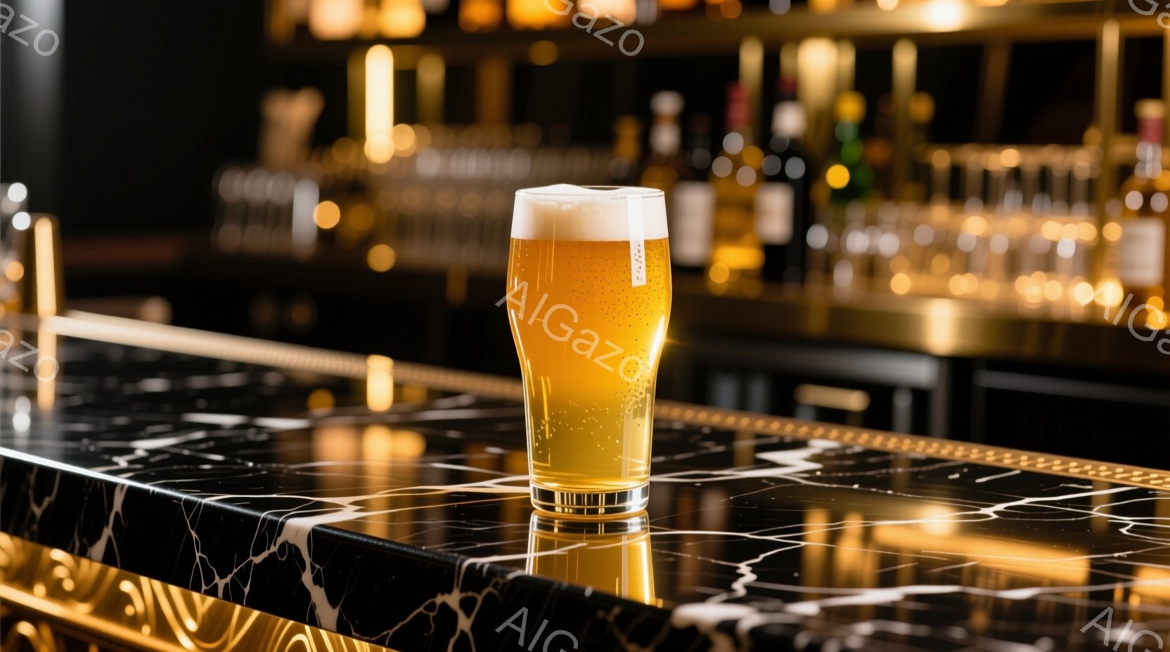 黒い大理石のようなカウンターの上に、泡が乗った黄金色のビールが入ったグラスが置かれています。背景には、黄金色のアクセントのあるバーカウンターと、ぼやけたボトルが並んだ棚が見え、暖かく豪華な雰囲気を醸し出しています。カウンターの反射がグラスを際立たせ、洗練されたバーのシーンを連想させます。