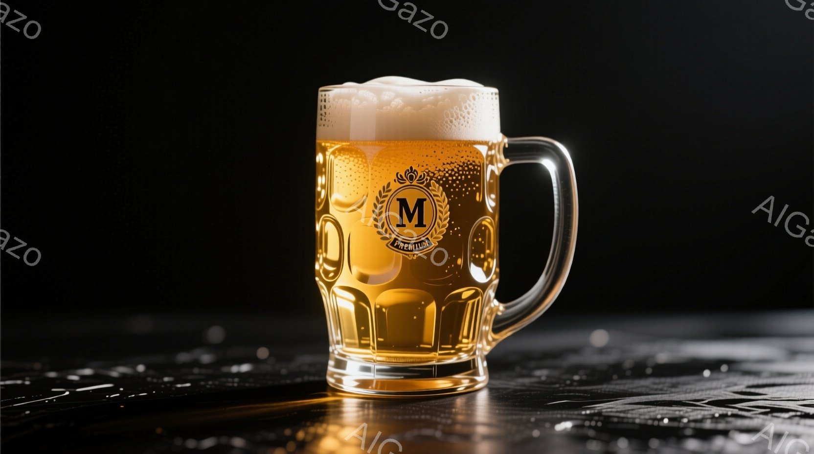 透明なグラスに琥珀色のビールが満たされ、豊かな泡が頭上に浮かんでいる。グラスには「M」と書かれた装飾的な紋章が描かれており、その下には「PREMIUM」という文字が記されている。背景は暗く、グラスの底に反射する光がわずかに見られ、高級感と落ち着いた雰囲気を醸し出している。