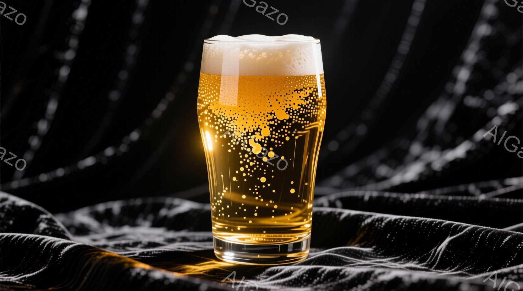 グラスに注がれた琥珀色のビールが、白い泡で満たされている様子が捉えられている。背景は黒い布のようなもので覆われ、光がグラスの側面を照らし、液体内の気泡を強調している。全体的に、落ち着いた照明と鮮やかな - AI生成フリー素材