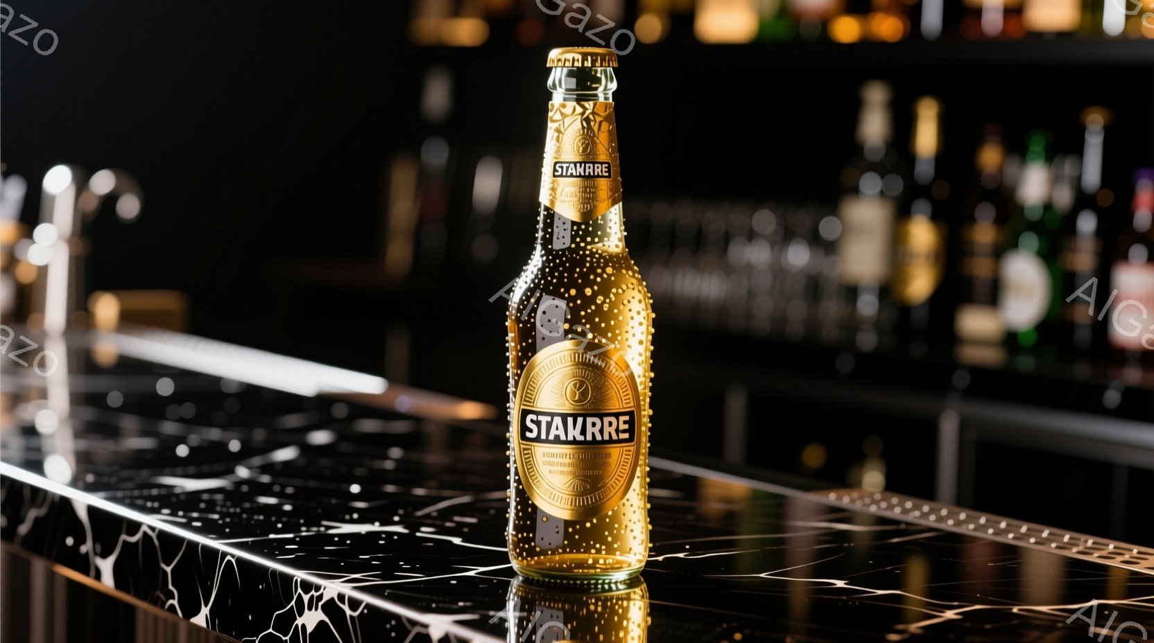 光り輝く金色のビール瓶が、黒と白の大理石模様のカウンターの上に置かれています。瓶には「STAKRRE」と書かれたラベルが貼られ、背景はぼやけたバーカウンターと様々な種類の酒瓶で構成されています。 全体的に、高級感と洗練された雰囲気が漂っています。
