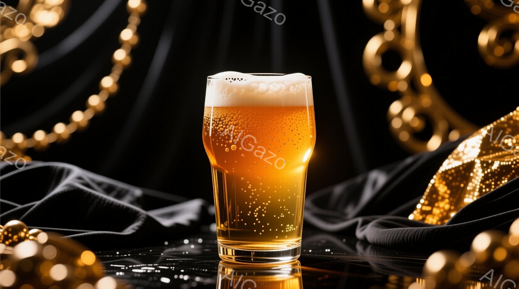 金色の装飾と黒い布の背景に、泡が乗ったグラスに入った琥珀色のビールが映っている。グラスは反射面の上に置かれ、光が反射してビールが輝いている。全体的に豪華で洗練された雰囲気で、特別な機会や祝い事にふさわしい。