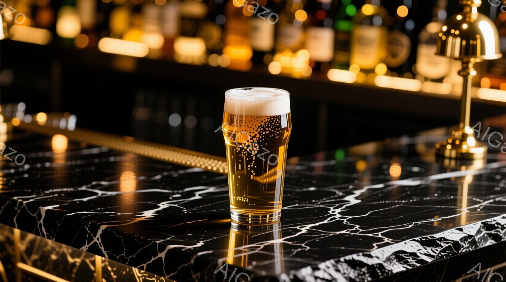 白い泡が乗った琥珀色のビールが、大理石のような模様のカウンターに置かれている。背景にはぼやけたバーカウンターと様々な酒瓶が並び、暖色系の照明がカウンターを照らしている。高級感があり、落ち着いた雰囲気のバーの光景である。