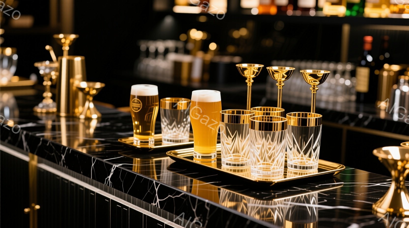 画像は、黒い大理石のようなカウンターに、金色の縁取りが施されたグラスが並べられた様子を捉えています。グラスの中には、泡立ったビールや透明な液体が入っており、高級感と洗練された雰囲気を醸し出しています。 - AI生成フリー素材