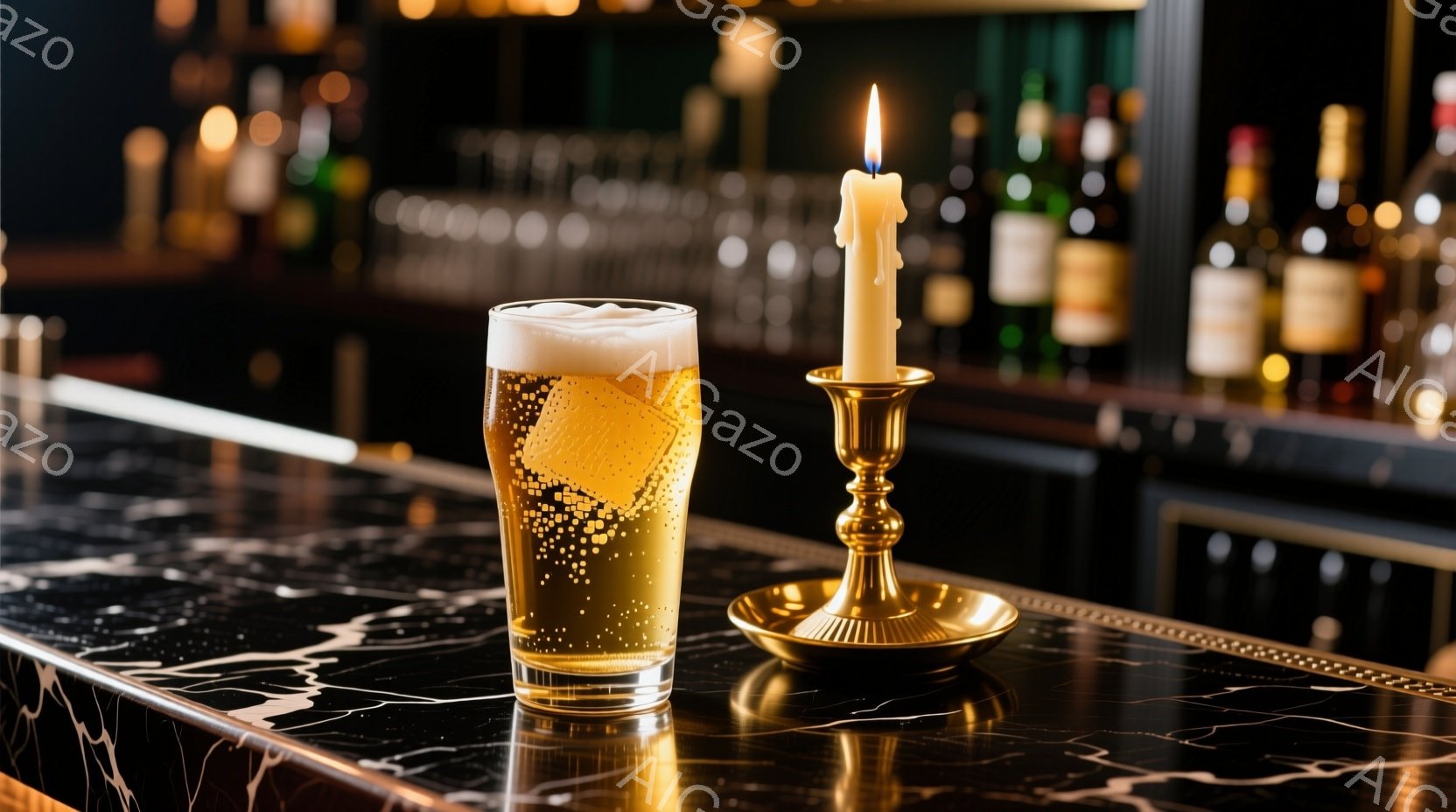 黒の大理石のカウンターの上に、泡が豊かな金色のビールが入ったグラスと、光る金の燭台が置かれています。背景にはぼやけたバーカウンターと酒瓶が並び、全体的に暖かく落ち着いた雰囲気です。グラスと燭台は反射し - AI生成フリー素材