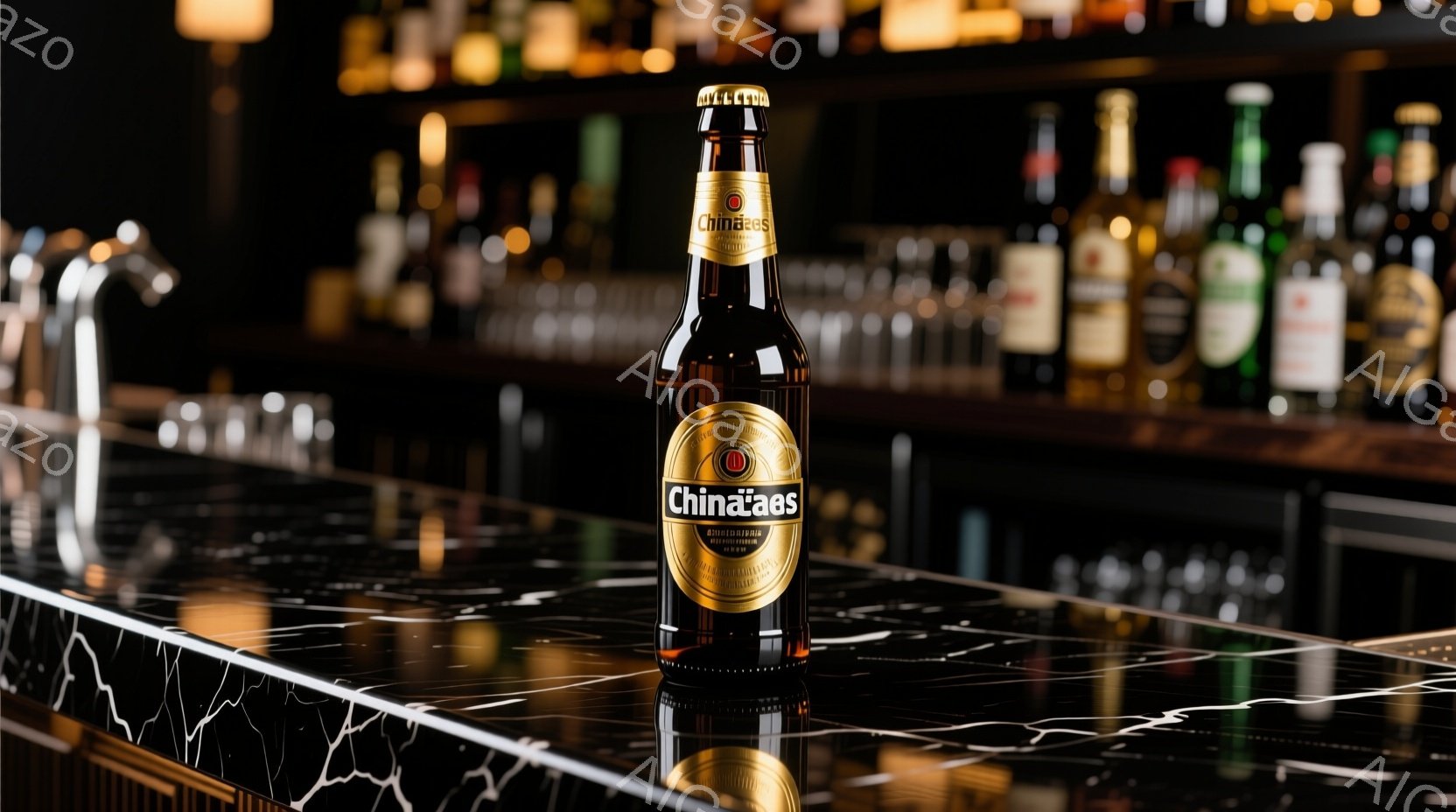 画像は、カウンターの前に置かれたビール瓶を捉えています。ボトルは茶色で、「Chimae」という文字とロゴがラベルに印刷されています。カウンターは光沢のある濃い色で、ボトルが反射して鏡面のように見え、背景には様々な酒瓶が並び、バーの雰囲気を作り出しています。