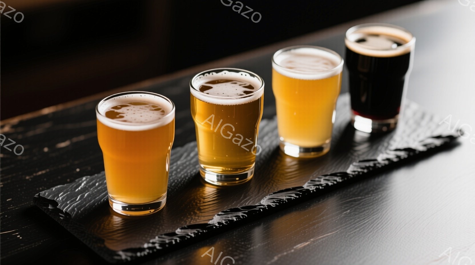 濃い色の板の上に、色合いの異なる4つのビールのグラスが並んでいます。グラスはそれぞれ薄い黄色、中間の黄色、濃い黄色、そしてほぼ黒色のビールで満たされており、泡立ち具合もわずかに異なります。背景は暗く、 - AI生成フリー素材