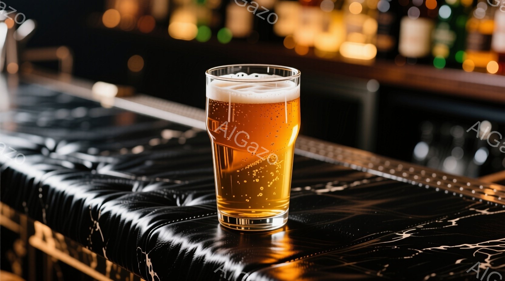 この画像は、磨かれた濃い茶色の革張りのカウンターの上に置かれたグラスに入った冷たいビールを示しています。グラスには泡が立ち、液体は明るい琥珀色をしており、背景にはぼやけたバーカウンターとボトルが見えます。全体的に、この画像は落ち着いた雰囲気のバーで、爽やかなビールを楽しむ様子を捉えています。