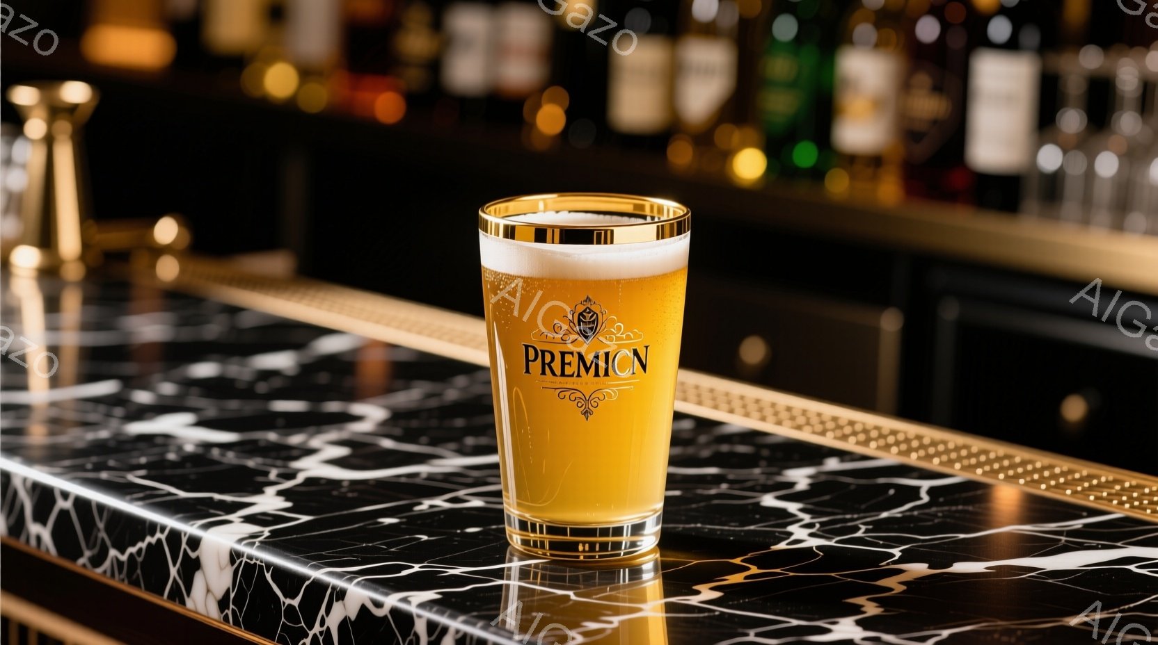 金色の縁取りが施されたグラスに、泡が美しい琥珀色のビールが注がれています。グラスは、大理石のような模様のカウンターに置かれており、背景にはぼんやりと他のボトルが見えます。全体的に高級感があり、洗練され - AI生成フリー素材