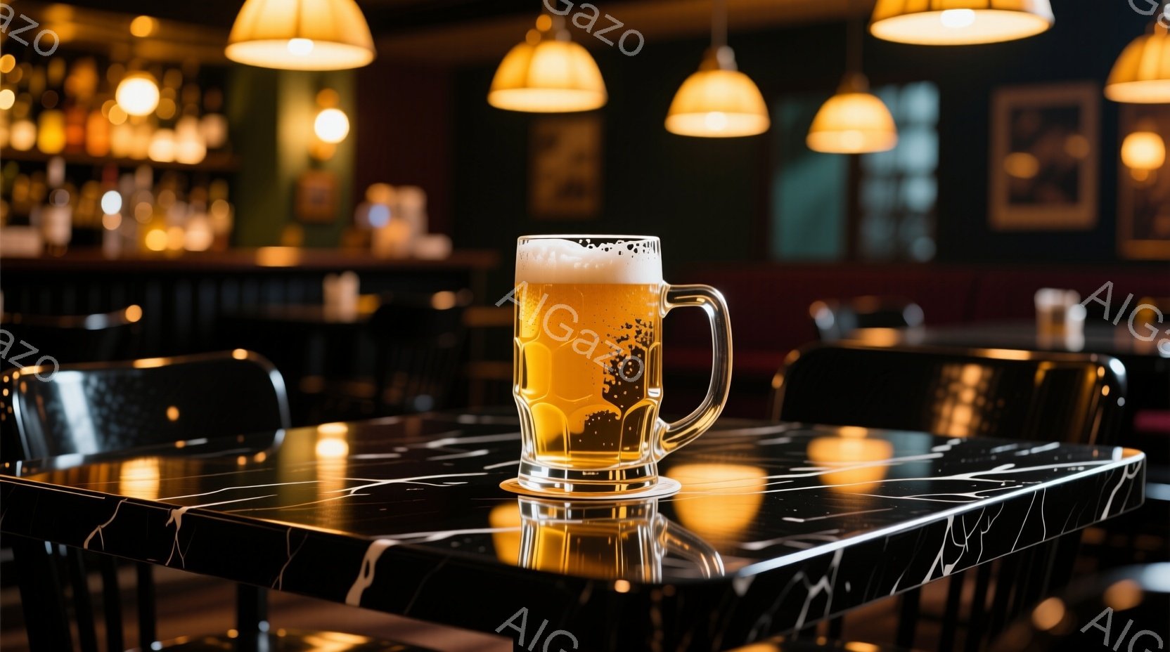 黒い大理石調のテーブルの上に、泡が立つビールのグラスが置かれている。背景にはバーカウンターと、ぼんやりと見える椅子が並び、暖色系の照明が落ち着いた雰囲気を醸し出している。全体的に洗練された、夜のバーの静かなひとコマを切り取ったような印象を受ける。
