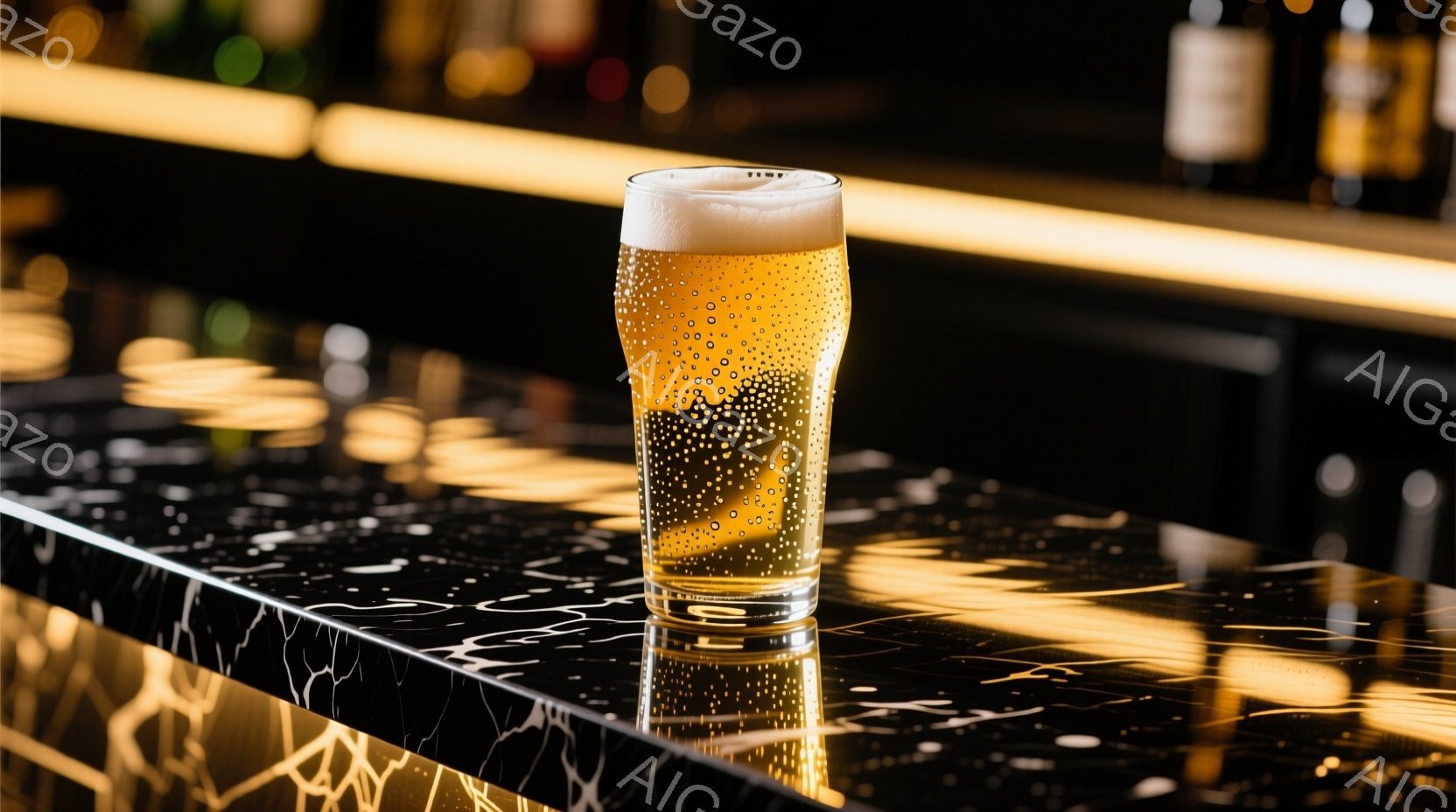 画像には、磨かれた黒い大理石のカウンターの上に置かれたグラスに入った泡立つ金色のビールが写っています。背景はぼやけており、バーカウンターといくつかのボトルが見え、暖かい黄色の光が反射しています。 全体 - AI生成フリー素材