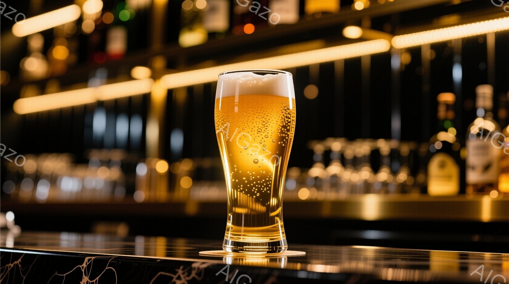 金色のエールビールがグラスに注がれており、泡が立ち上っている様子が捉えられています。背景にはぼやけたバーカウンターと様々なボトルが並び、落ち着いた照明が暖かさを演出しています。全体の雰囲気は、夜のバー - AI生成フリー素材