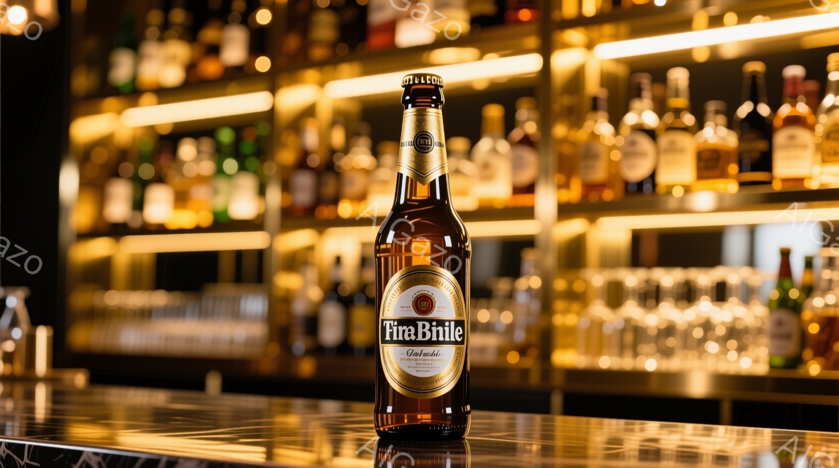 画像は、バーカウンター上に置かれたTim Brilleというブランドのビールのボトルを捉えています。ボトルは黄金色で、反射するカウンターの上に置かれ、周囲には様々な種類の酒瓶が並んでいます。背景は暖色 - AI生成フリー素材
