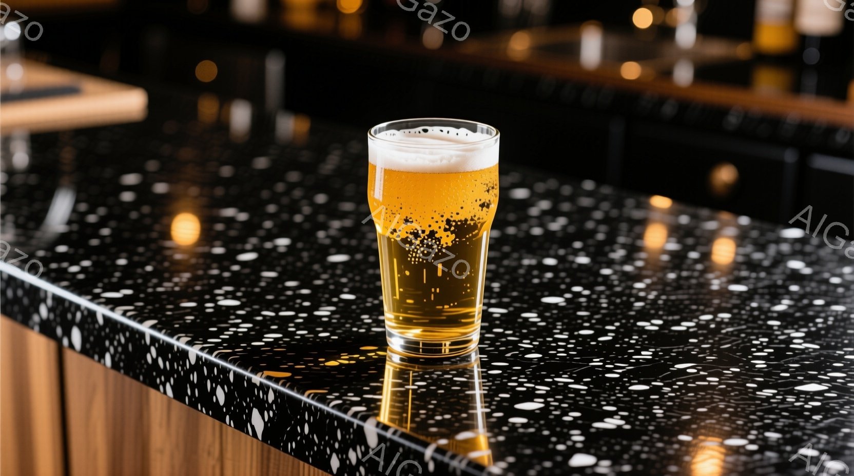 画像には、黒地に白模様のカウンターの上に置かれたグラスのビールが写っている。ビールは泡立ち、黄金色に輝いており、カウンターに反射が映り込んでいる。背景はぼやけており、バーカウンターの一部が見えるだけで - AI生成フリー素材