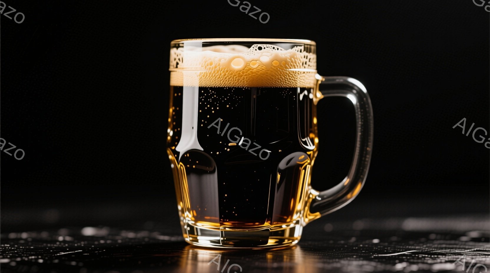 濃い琥珀色のビールがグラスに満たされ、豊かな泡立ちを見せている。グラスは透明で、ハンドルが付いており、表面に光沢がある。背景は暗く、テーブルの上に水滴が見られ、ビールの冷たさと新鮮さを強調している。