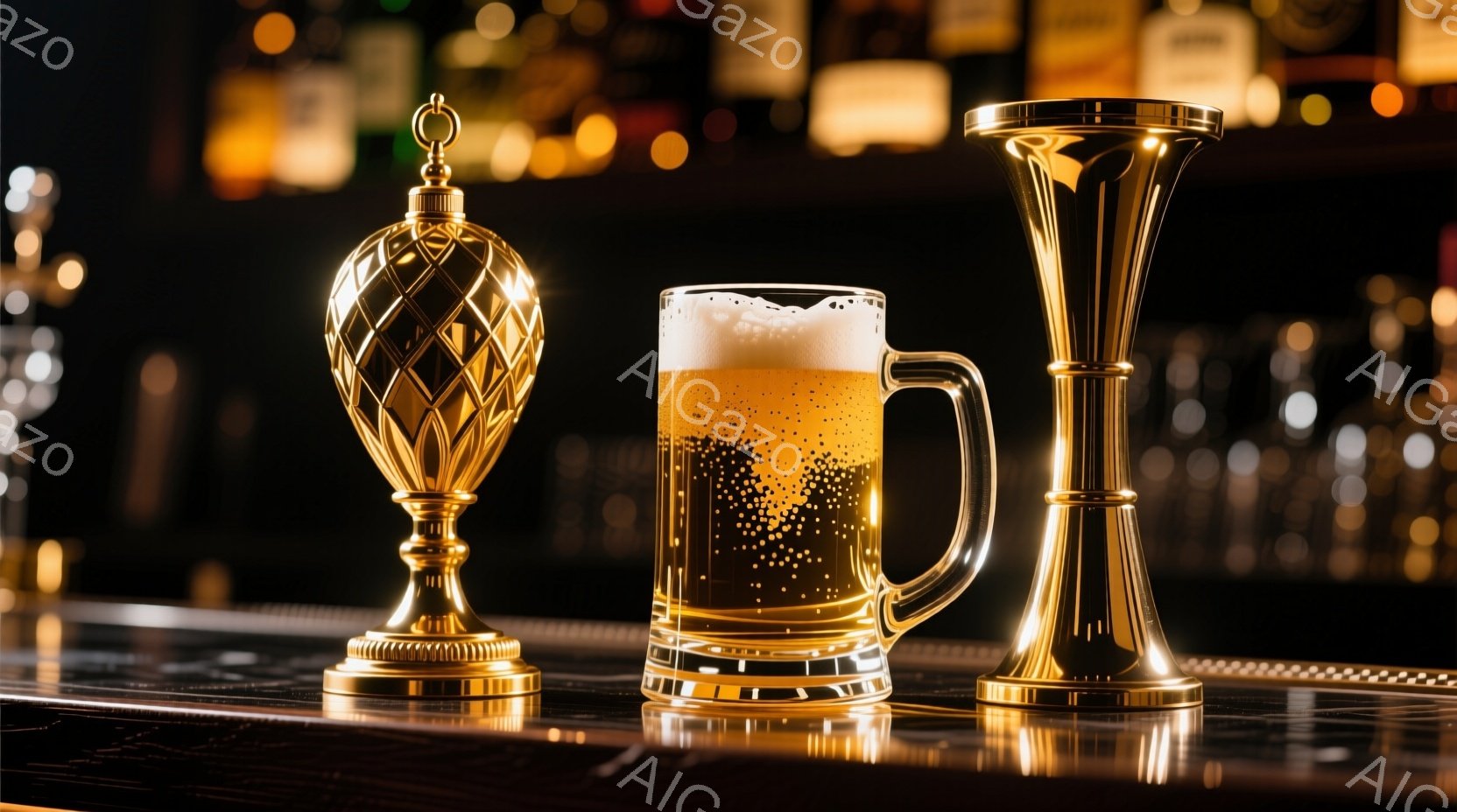 豪華なバーカウンターの上に、金色のトロフィー、泡立つビールの入ったジョッキ、そして金色の独特な形の容器が並んでいる。背景には様々な酒瓶がぼやけており、バーの落ち着いた雰囲気を醸し出している。全体的に暖色系の照明が使用されており、高級感と洗練された雰囲気が漂っている。