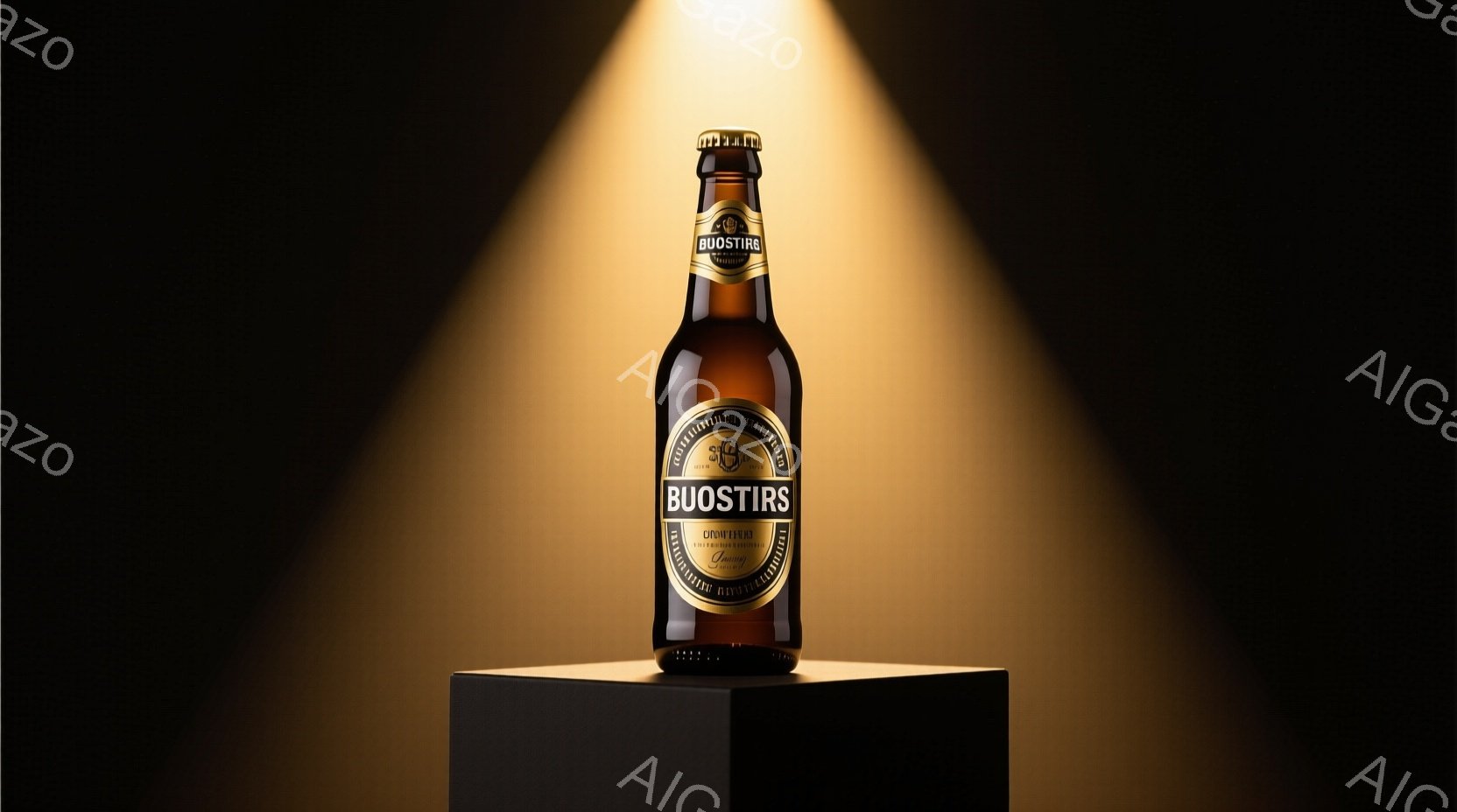 暗い背景に、黒い台座の上にビール瓶がスポットライトを浴びて立っている。瓶には「BOOSTERS」という文字と装飾が施されており、クラシックなデザインが特徴的だ。 全体的に洗練された雰囲気で、ビールの品質やブランドイメージを強調している。