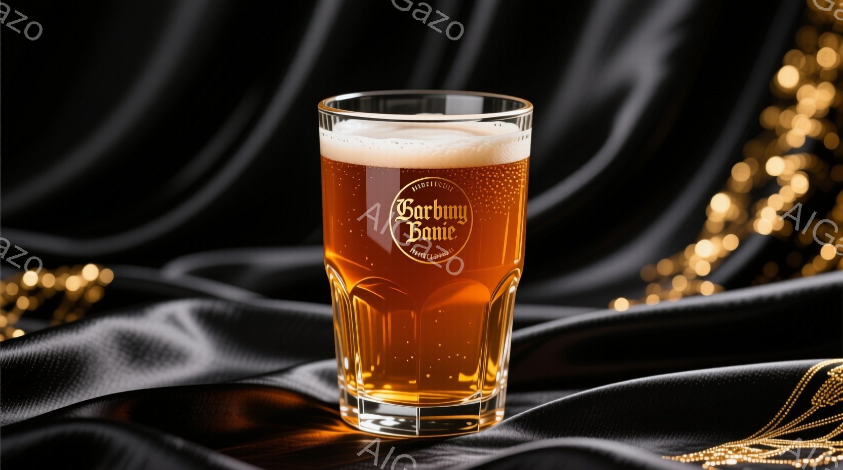 スタイリッシュなグラスに琥珀色のビールが注がれており、泡が豊かに立ち上っている。背景は暗いベルベットのような布と金色の装飾が施されており、高級感と洗練された雰囲気を醸し出している。ビールグラスのラベルには「Barby」という文字がデザインされており、商品名を示唆している。