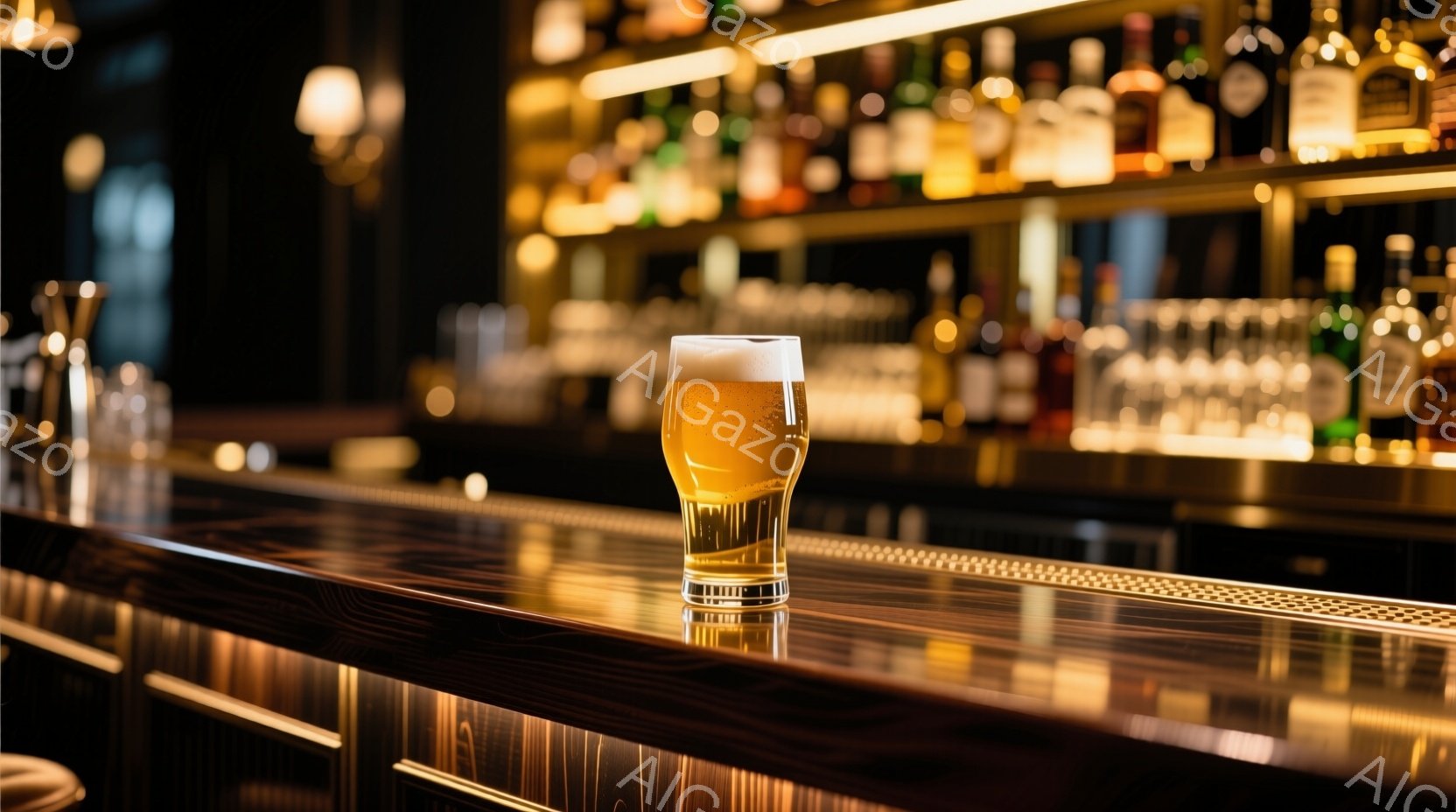バーカウンターの上に、泡が乗ったグラスのビールが置かれている。カウンターは木目で光沢があり、背後には様々な種類の酒瓶が並んだ棚が見える。全体的に暖色系の照明で、落ち着いた大人の雰囲気のバーの情景である。