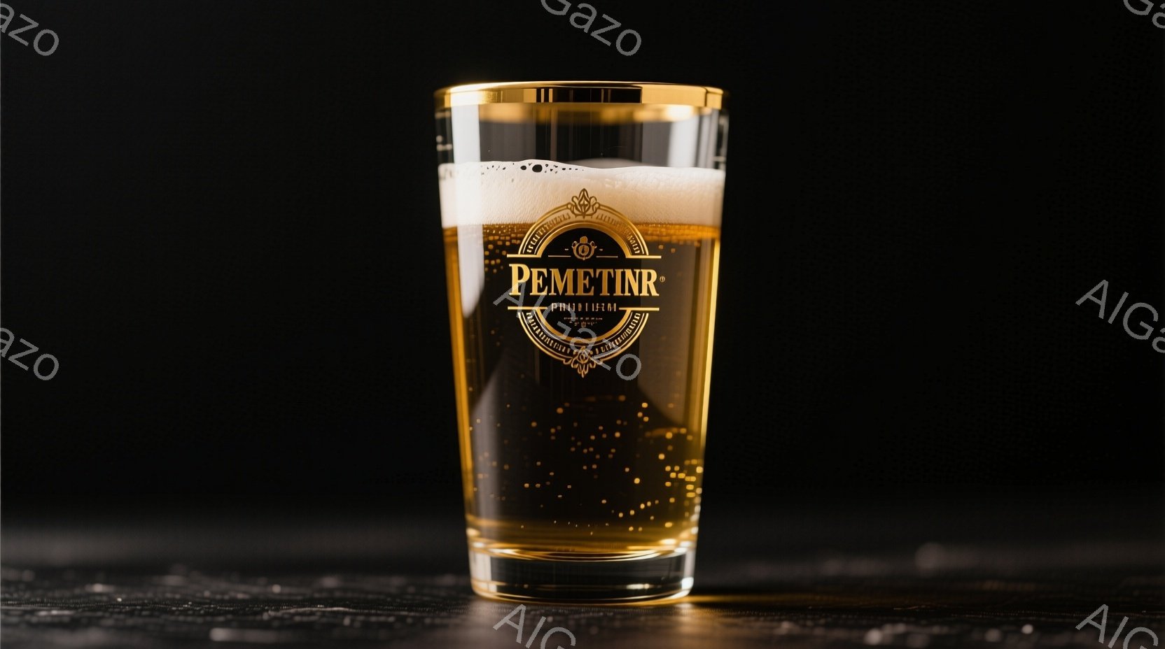 濃い黄金色のビールがグラスに満たされ、きめ細かい泡が表面を覆っている。グラスはわずかに傾斜しており、暗い背景に影が落とされているため、ビールの色と泡立ちが際立っている。全体的に洗練された雰囲気で、ビー - AI生成フリー素材