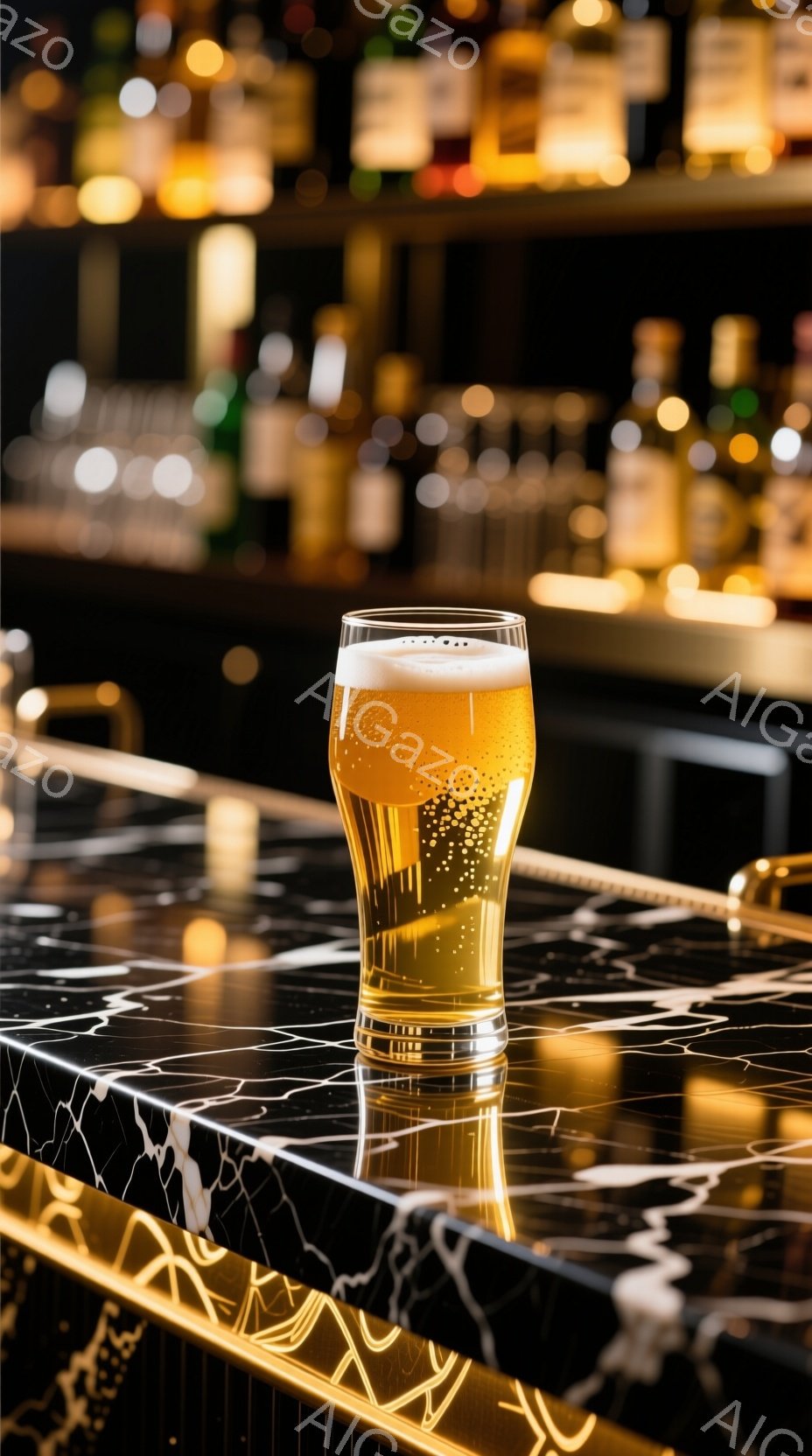 金色の縁取りが施された黒い大理石のカウンターの上に、泡が立つ金色のビールが入ったグラスが置かれています。背景には、ぼやけた照明の下に並べられたさまざまな酒瓶が見え、カウンターの表面に反射してきらめきがあります。全体的に、洗練されたバーの雰囲気で、落ち着いた照明と豪華なカウンターが特徴です。