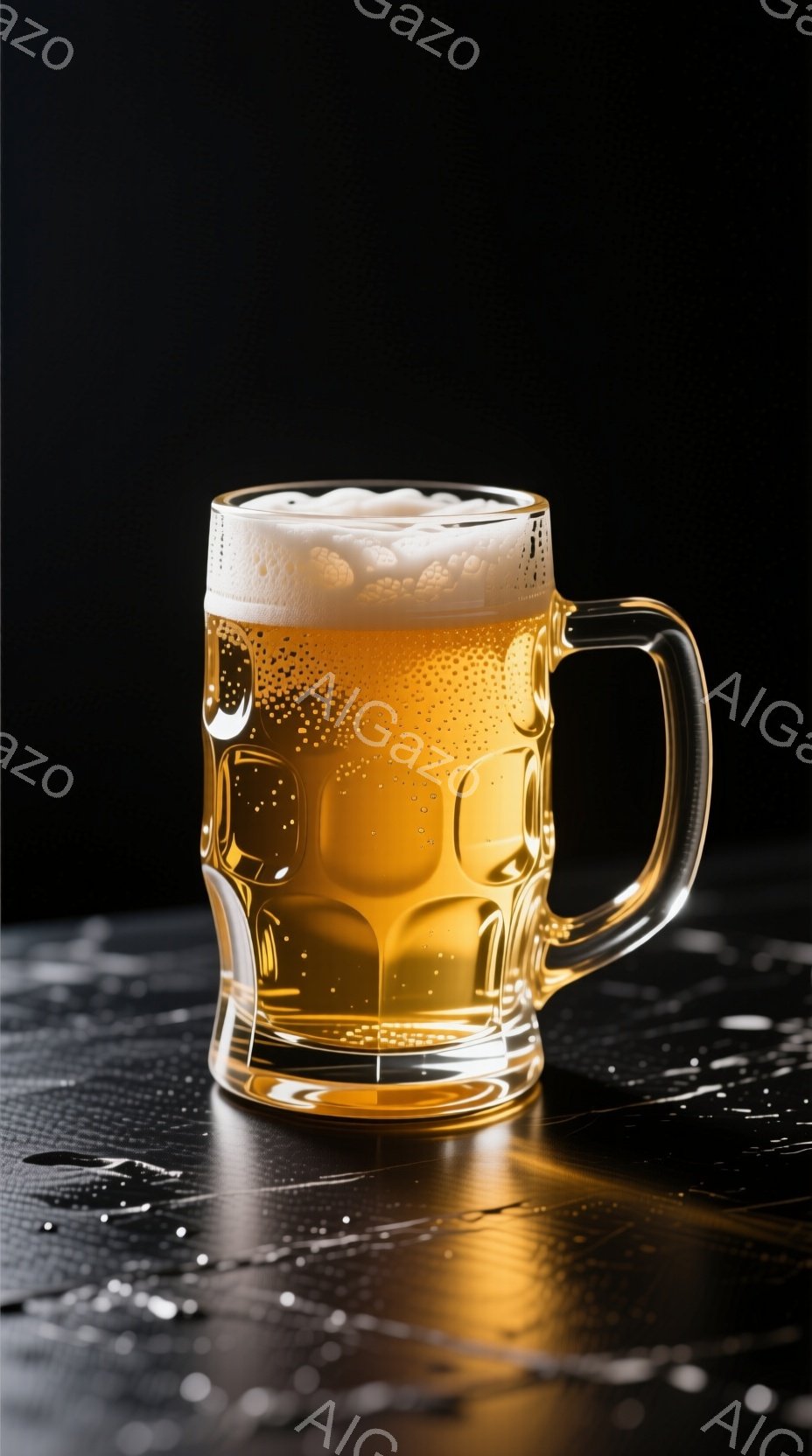 鮮やかな琥珀色のビールが、分厚いガラス製のジョッキに満たされている。ジョッキの表面には水滴がつき、ビールから立ち上る泡が豊かさを表現している。暗い背景に光が反射し、ジョッキの輪郭が際立ち、ビール自体の爽やかさと重厚感が共存する雰囲気を醸し出している。