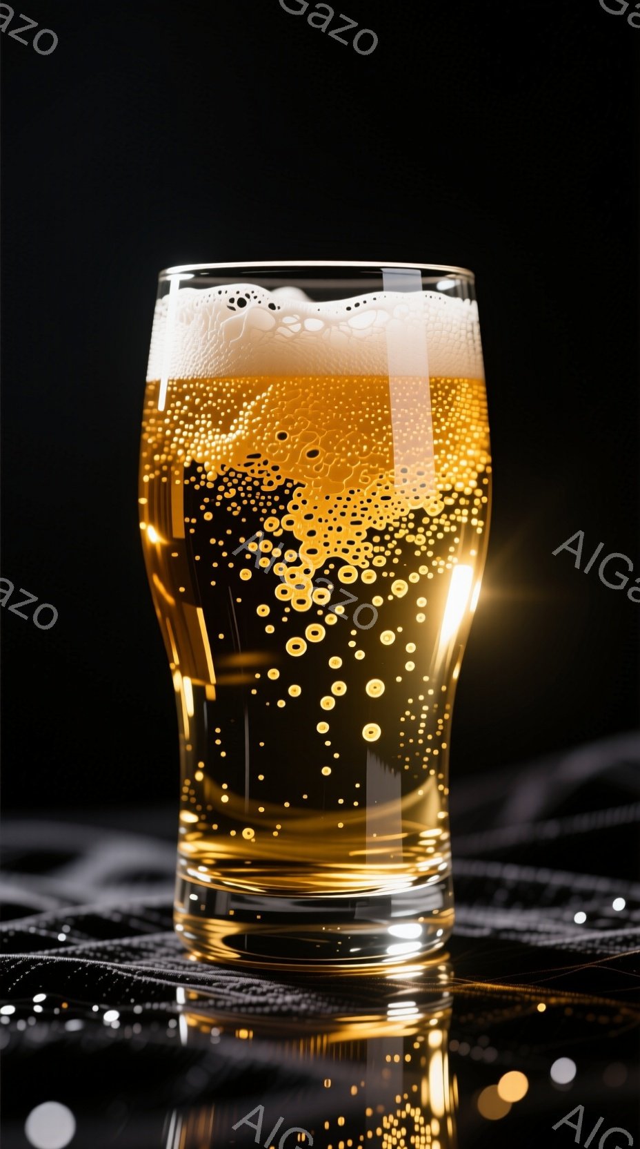 透明なグラスに琥珀色のビールが満たされ、きめ細かい泡が立ち上っている。グラスの底には光の反射がみられ、暗い背景にキラキラと輝く光が散りばめられている。全体的に落ち着いた雰囲気で、ビールの爽やかさと光の - AI生成フリー素材