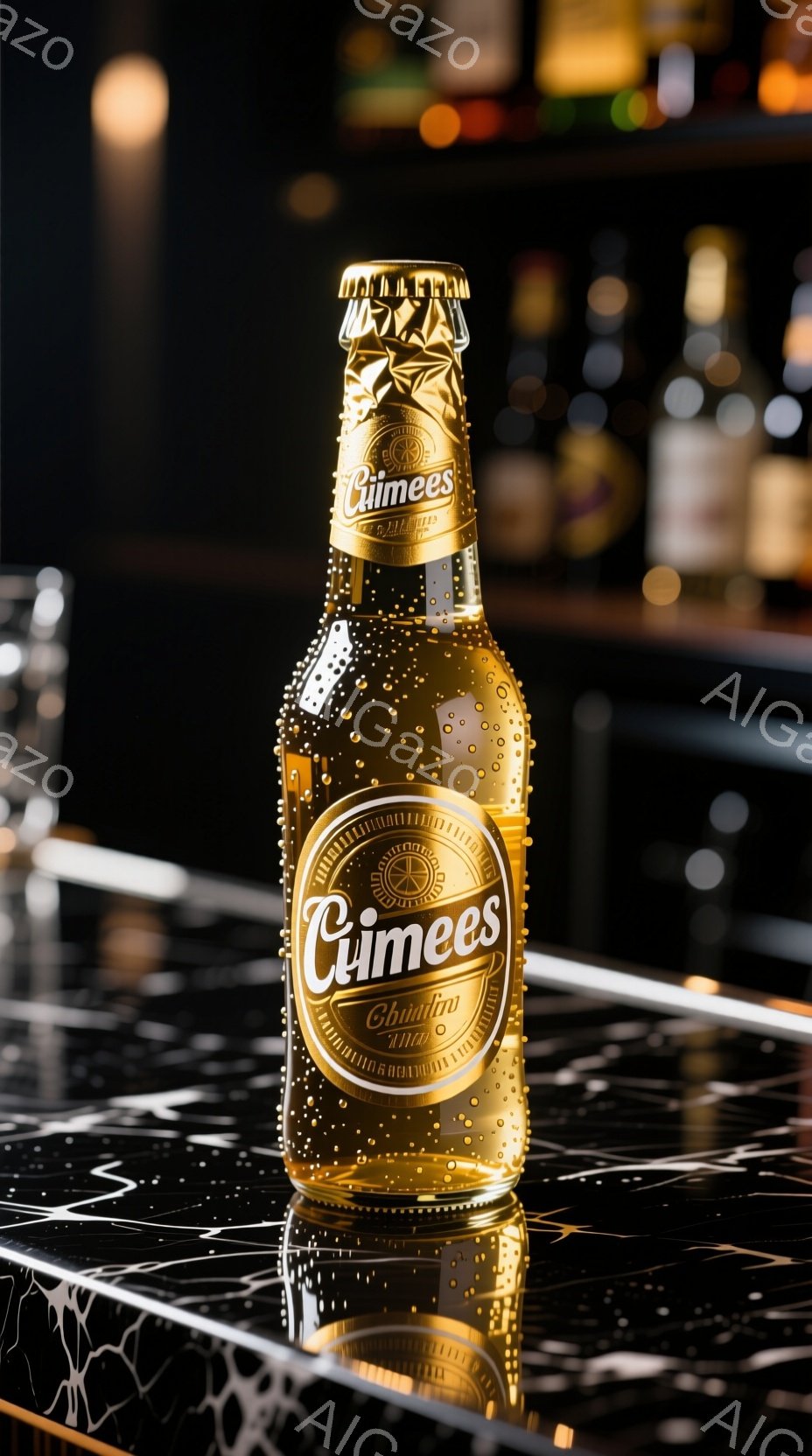 金色のラベルが貼られたビール瓶が、黒い大理石のような台の上に置かれています。瓶全体には水滴がつき、冷えた状態を示しており、光沢のある表面が特徴的です。背景は暗くぼやけており、瓶が際立つように工夫されています。