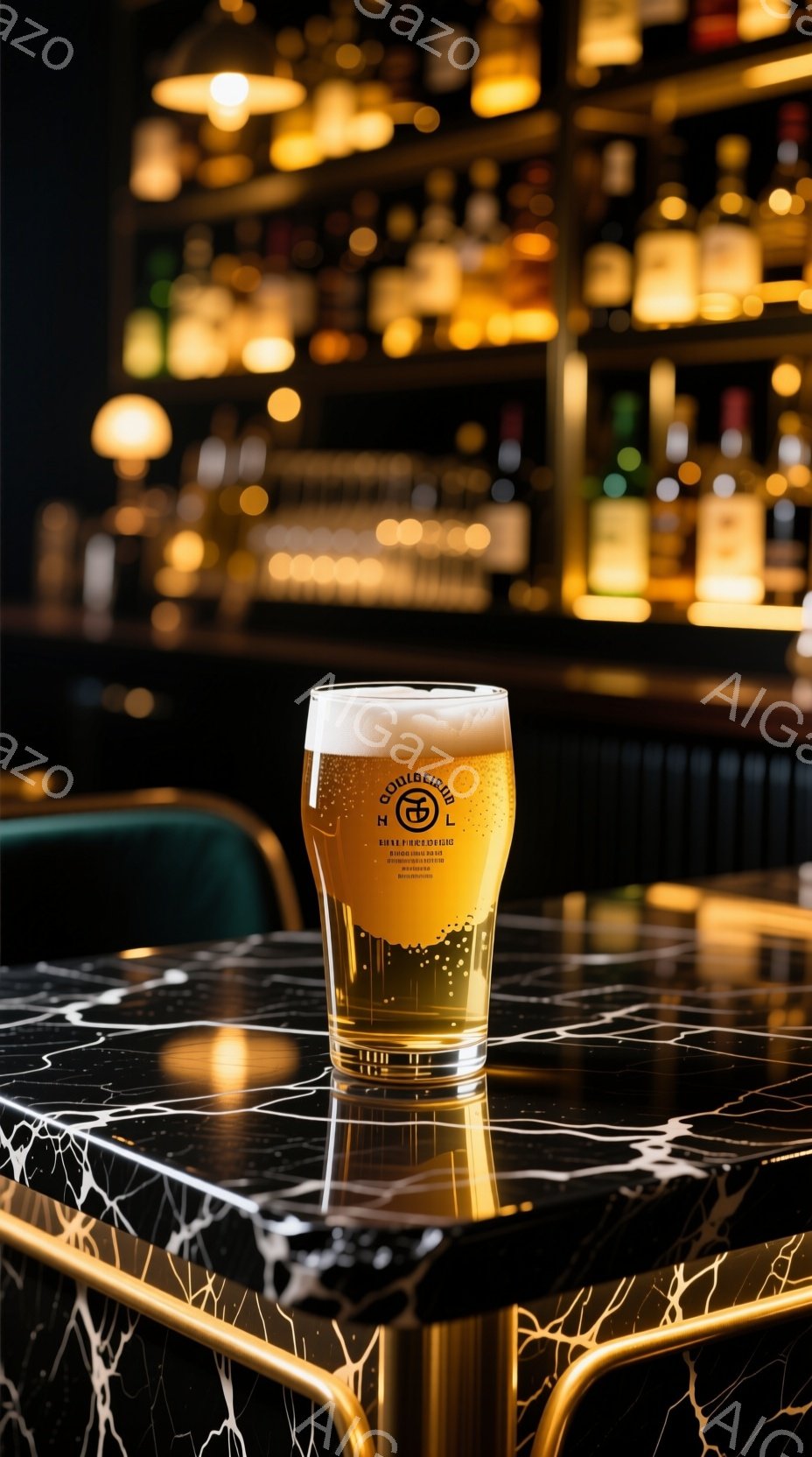 光沢のある大理石調のカウンターの上に、泡が乗った冷たいビールのグラスが置かれています。背景はぼやけており、様々な種類の酒瓶が並んだバーカウンターの一部が確認できます。暖色系の照明がグラスとカウンターを - AI生成フリー素材