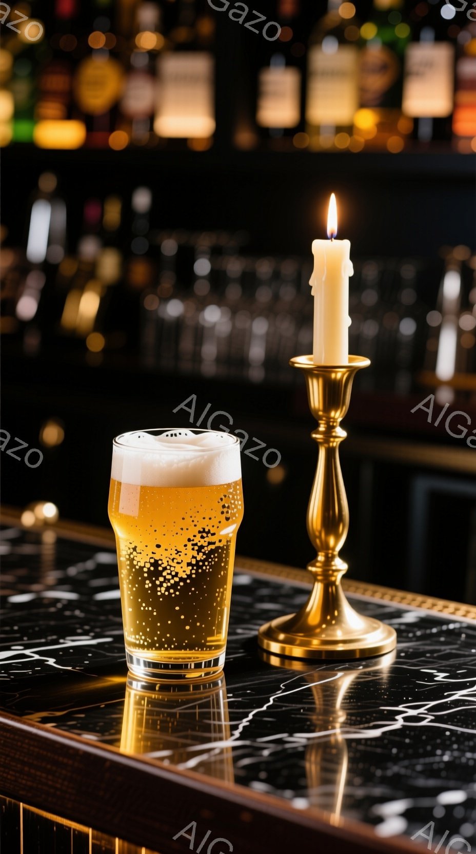 黒の大理石カウンターの上に、泡が乗った金色のビールが入ったグラスと、金色の燭台に立てられた白い蝋燭が置かれています。背景はぼやけた酒瓶の並びで、全体的に暖かく、落ち着いた雰囲気です。カウンターの表面に反射する光が、グラスと蝋燭を際立たせています。