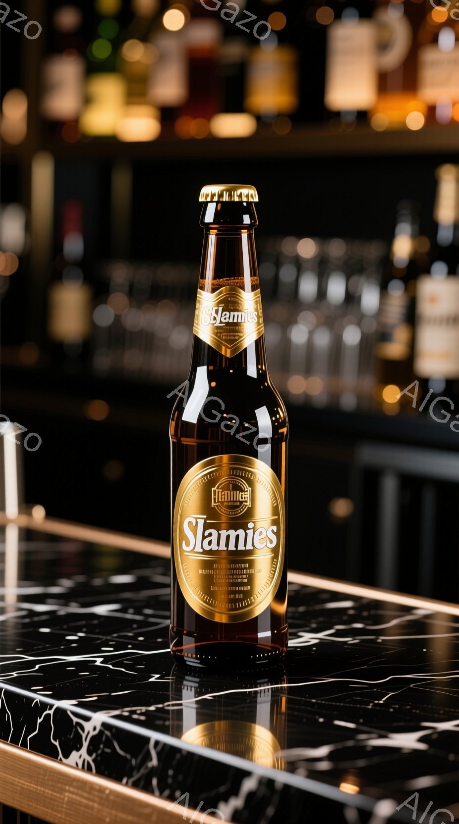 画像は、磨かれた大理石のようなカウンターの上に置かれた、金色のラベルのビール瓶を捉えています。瓶は光を受けて輝き、ラベルの「Slamies」という文字が際立っています。背景はぼやけており、バーカウンターの一部と、光るボトルがぼんやりと見えます。