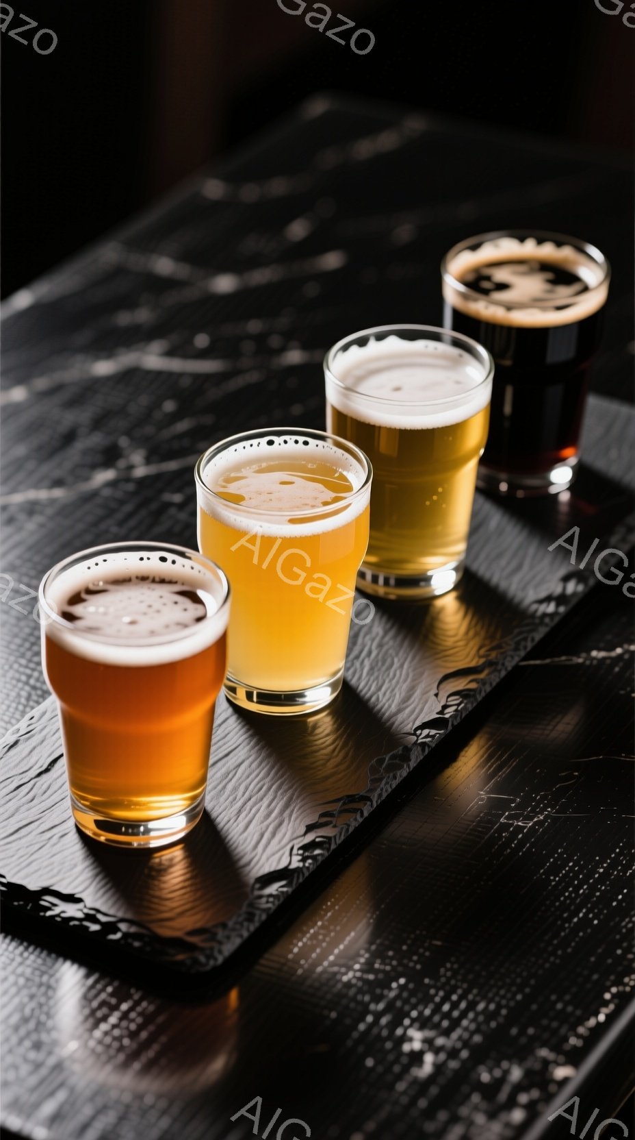 漆黒の背景に、琥珀色から濃い茶色のビールが並んだグラスが４つ置かれています。グラスはそれぞれ異なる種類のビールを湛え、泡の量や色合いが異なります。全体的に暗いトーンで、ビールの色合いが際立ち、落ち着いた雰囲気を醸し出しています。