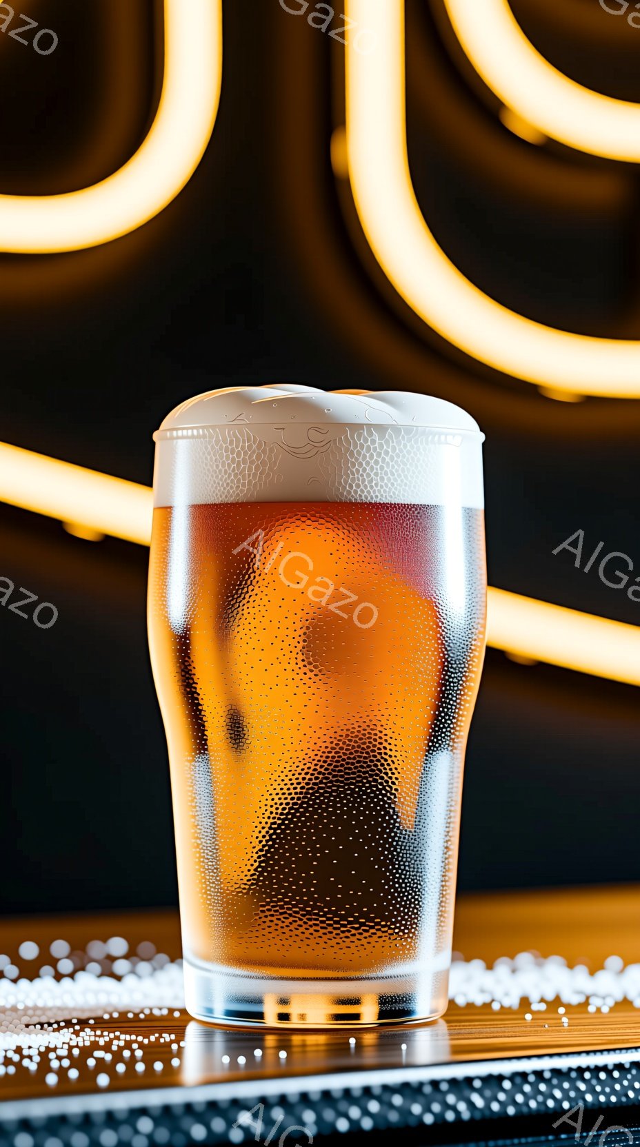 琥珀色のエールビールが、透明なグラスに注がれており、きめ細かい泡が頭上に浮かんでいる。グラスは、白く光る点描模様が描かれた台の上に置かれ、背景には抽象的な金色の光のリングがぼやけて見えている。全体的に - AI生成フリー素材