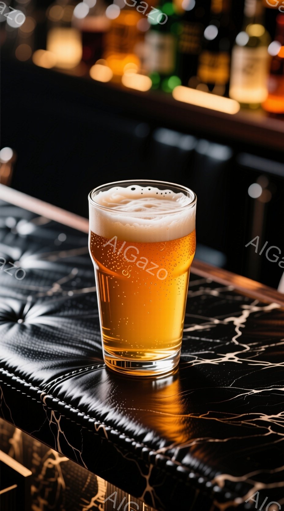 透明なグラスに注がれた琥珀色のビールが中央に配置され、豊かな泡立ちが見られる。グラスの下には、黒い大理石のような模様の光沢のある台があり、背景はぼやけており、バーカウンターの一部と、いくつかの瓶が並ん - AI生成フリー素材