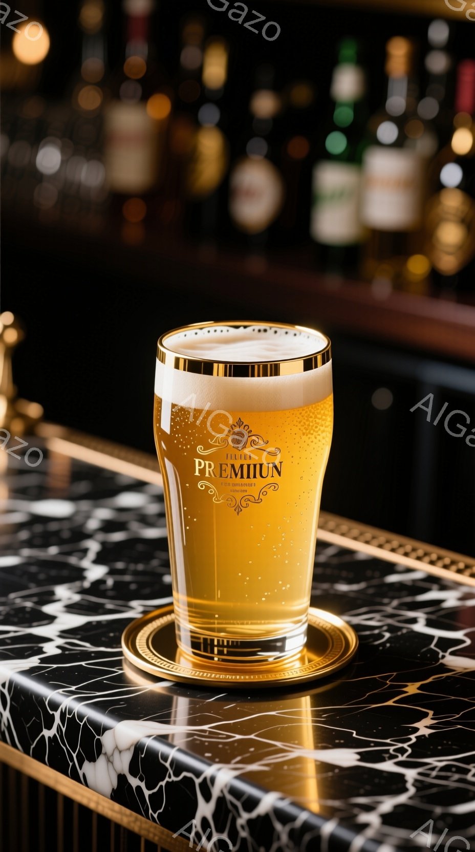 金色の縁取りのあるグラスに、泡立ちのある琥珀色のビールが注がれており、中央には「PREMIUM」と書かれた装飾的なラベルが貼られています。グラスは、大理石のような模様のカウンターの上に置かれ、光沢のある金色の縁がカウンターに反射しています。背景にはぼやけた酒瓶が並び、高級感と落ち着いた雰囲気を醸し出しています。