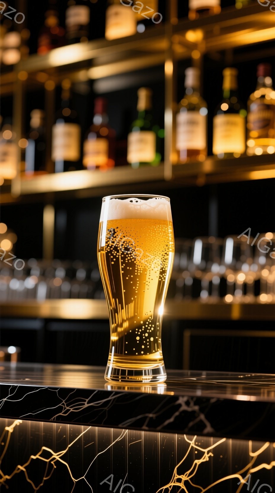 琥珀色のビールが、氷のように冷たいグラスに注がれており、泡が立ち上っている様子が捉えられている。背景には、薄暗い光の中で並べられた様々なボトルが並び、高級感のあるバーカウンターのような雰囲気が漂っている。カウンターのマーブル模様が光を反射し、グラスとビールの輝きをより一層引き立てている。