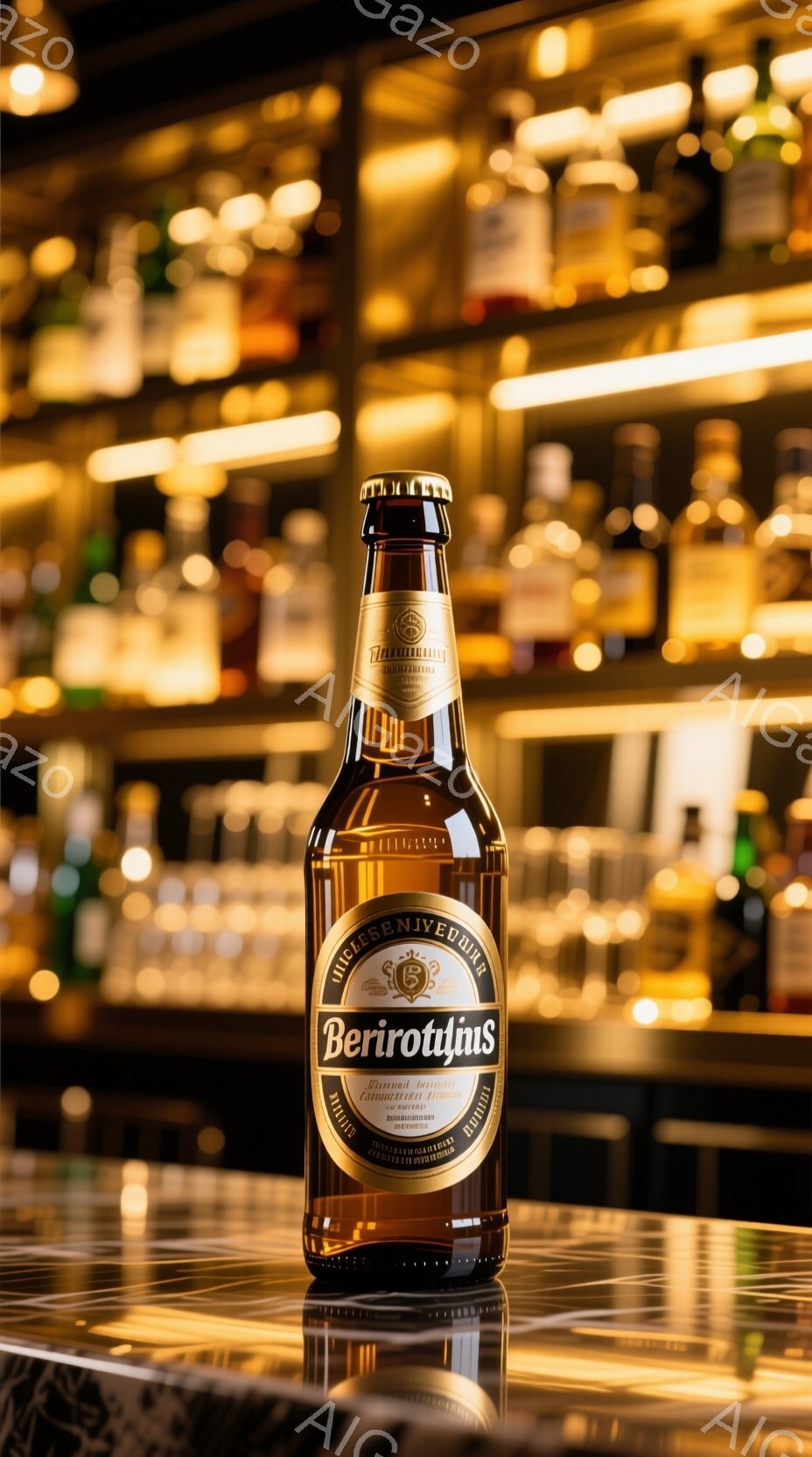 画像は、反射するカウンターの上に置かれた、ラベルが貼られたビールのボトルを捉えています。ボトルのラベルには「Berlotins」と書かれており、その背後にはぼやけたバーの棚が並んでいます。光の反射がカ - AI生成フリー素材