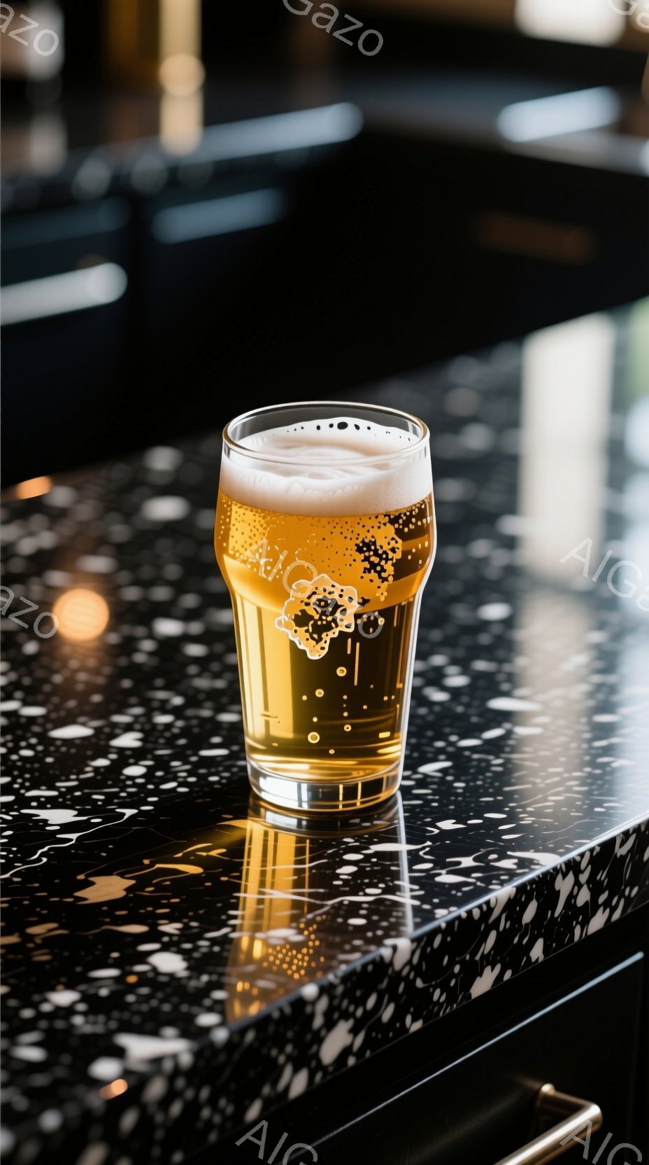 グラスに注がれた黄金色のビールが中央に配置されており、豊かな泡が立ち上っている。カウンターは黒地に白の斑点模様で、ビールの反射が美しく映り込んでいる。全体的に、洗練されたバーの雰囲気で、落ち着いた大人 - AI生成フリー素材
