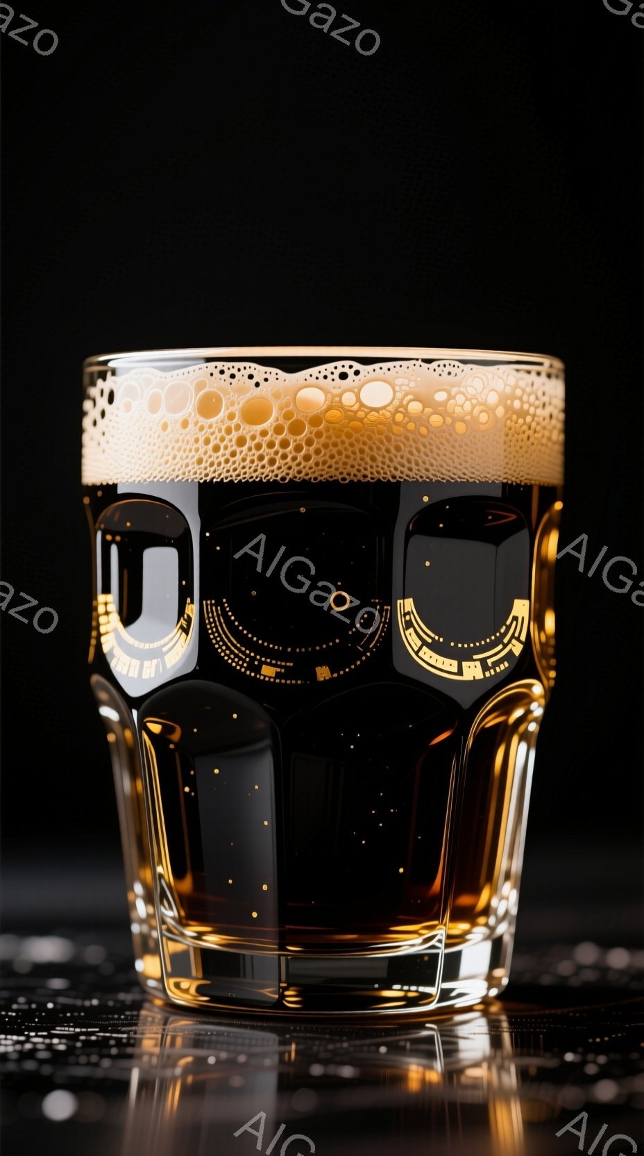濃い茶色のビールがグラスに満たされ、豊かな泡立ちが特徴的です。グラスの表面には、光の反射によって未来的なインターフェースのような模様が映り込んでおり、テクノロジーと伝統的なビールの組み合わせが印象的です。黒色の背景がビールの色合いと光のコントラストを際立たせ、洗練された雰囲気を作り出しています。