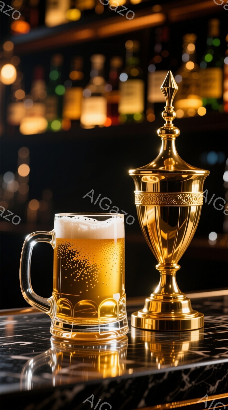 ガラス製のジョッキに注がれた泡立ったビールと、金色のトロフィーが、大理石調のカウンターの上に並んでいます。背景にはぼやけたバーカウンターと様々なボトルが見え、全体的に暖色系の照明が使われています。この組み合わせは、スポーツの勝利をお祝いするような、華やかで活気のある雰囲気を醸し出しています。