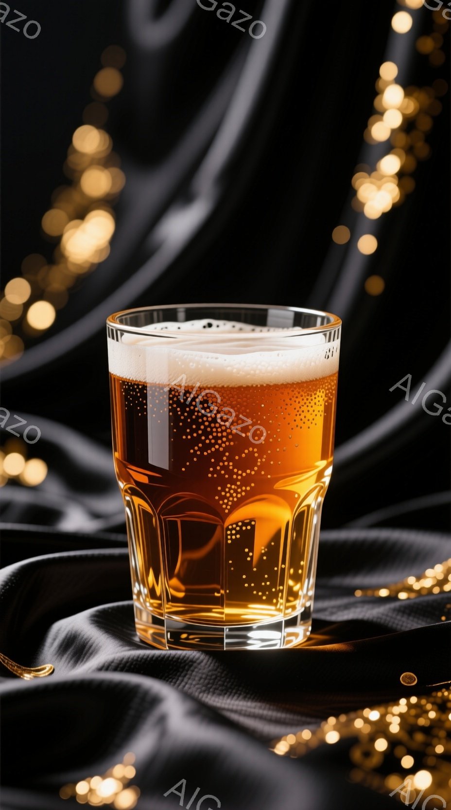 ガラス製のジョッキに琥珀色のビールが注がれており、豊かな泡が表面を覆っています。背景は黒い布で覆われ、ぼやけた金色の光が散りばめられており、深みのあるコントラストを生み出しています。 全体的に、洗練された落ち着いた雰囲気で、ビールの美味しさを引き立てています。