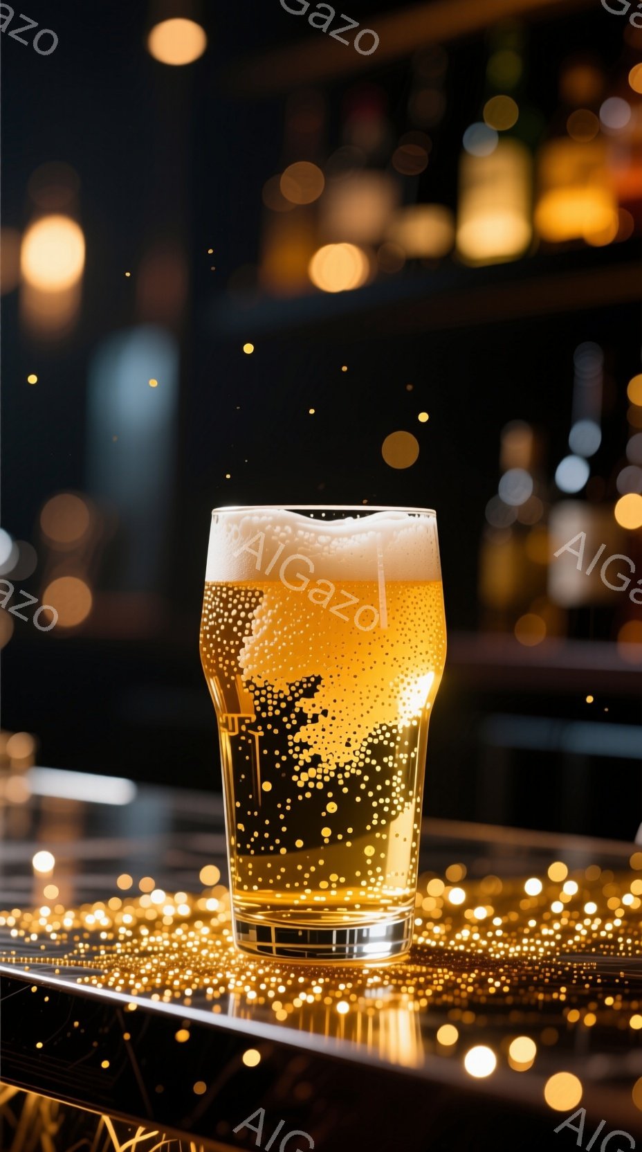 透明なグラスに注がれた黄金色のビールが、泡立ちながら輝いている。背景はぼやけた光の点々が散りばめられ、カウンターのような台の上にグラスが置かれている様子がわかる。全体的に暖かく、お祝いムードを醸し出す - AI生成フリー素材