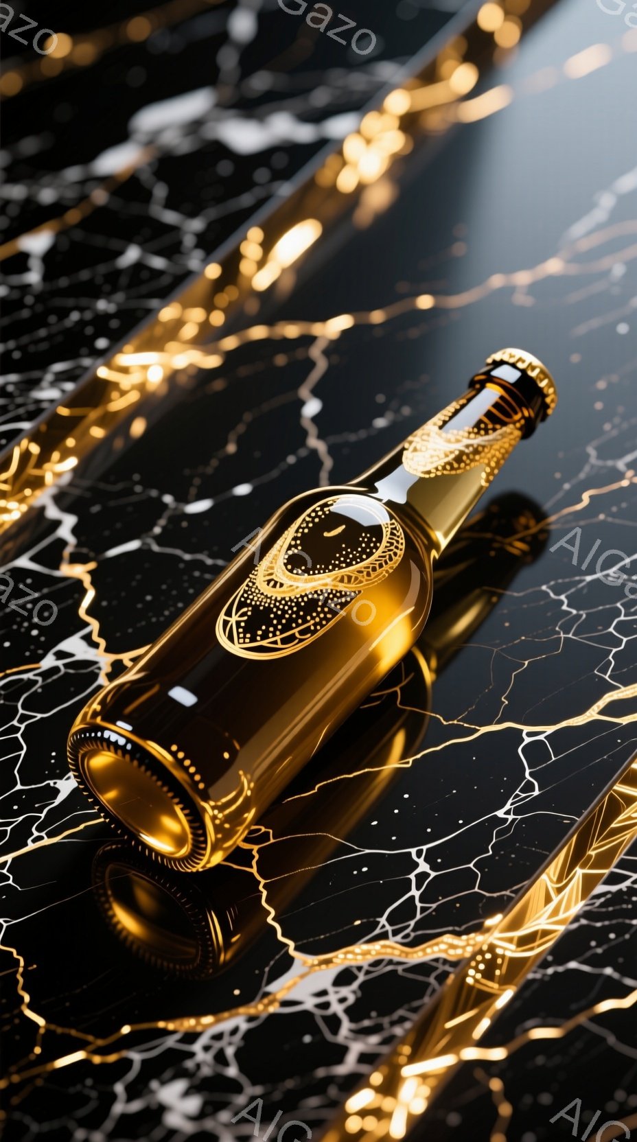 金色のラベルが貼られたグラス瓶が、ひび割れのような模様が描かれた黒い背景に浮かび上がっている。瓶は光沢があり、その反射が背景の模様と混ざり合い、幻想的な雰囲気を醸し出している。全体的に高級感と神秘性を - AI生成フリー素材
