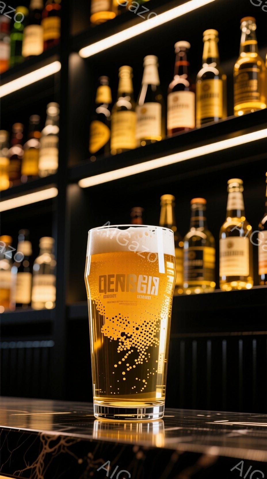 光沢のあるバーカウンターの上に、泡が乗った冷たいビールが置かれています。背後には、様々な種類の酒瓶が棚に並び、薄暗い照明が酒瓶を照らしています。全体的に落ち着いた大人の雰囲気で、バーの洗練された内装が - AI生成フリー素材